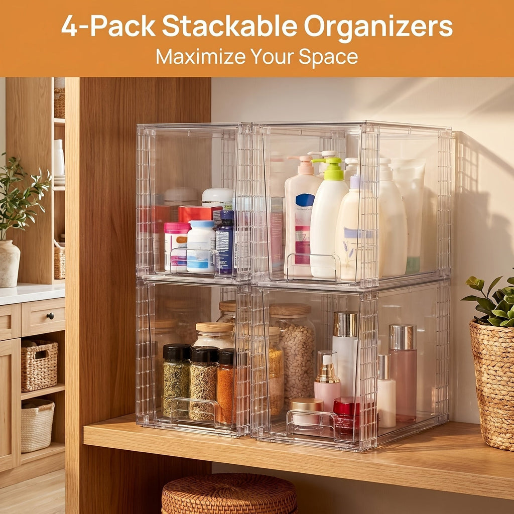 Under Sink Organizer 4 Pack - Clear Stackable Plastic Storage Bins, Drawer Organizer for Bathroom, Kitchen Cabinet, Pantry & Vanity - 9.7¡± High Undersink Storage