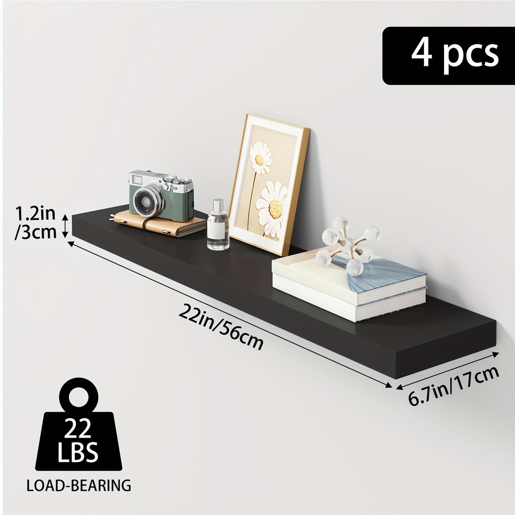 Floating Shelves Wall Mounted Set of 4 - 22 Inch Wall Shelves with Invisible Brackets for Bathroom Living Room Bedroom Kitchen Decor, Walnut Black White White Oak Light Brown