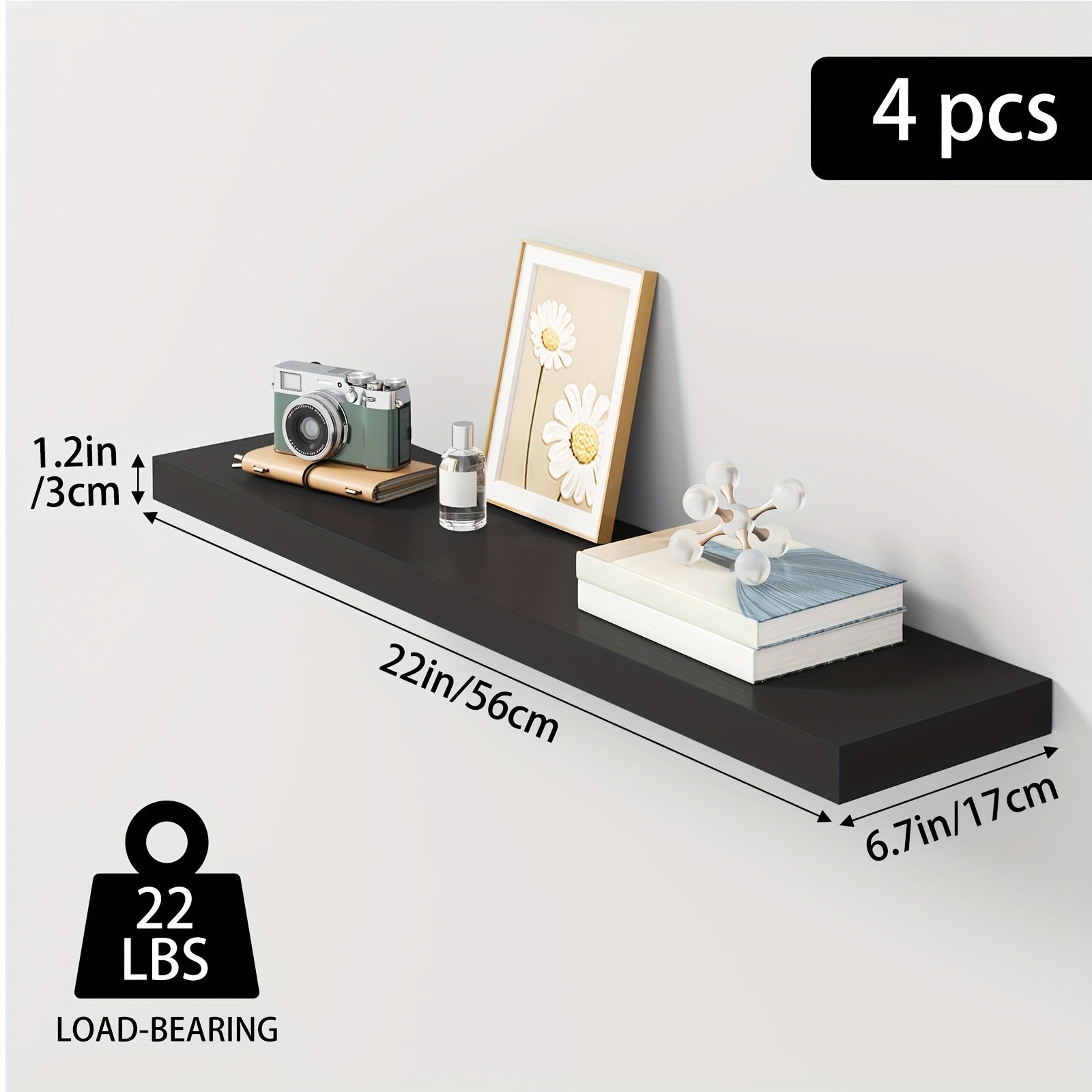 Floating Shelves Wall Mounted Set of 4 - 22 Inch Wall Shelves with Invisible Brackets for Bathroom Living Room Bedroom Kitchen Decor, Walnut Black White White Oak Light Brown