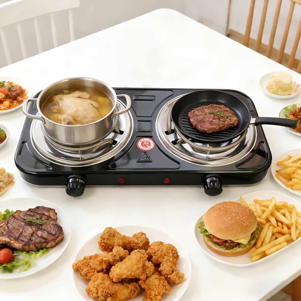 Portable Electric Stove Tabletop Double Burner ¨C Adjustable Rotary Temperature Control, Compact Electric Charcoal Heater for Home, Office, Dorm, Camping, Milk & Coffee Heating, Black