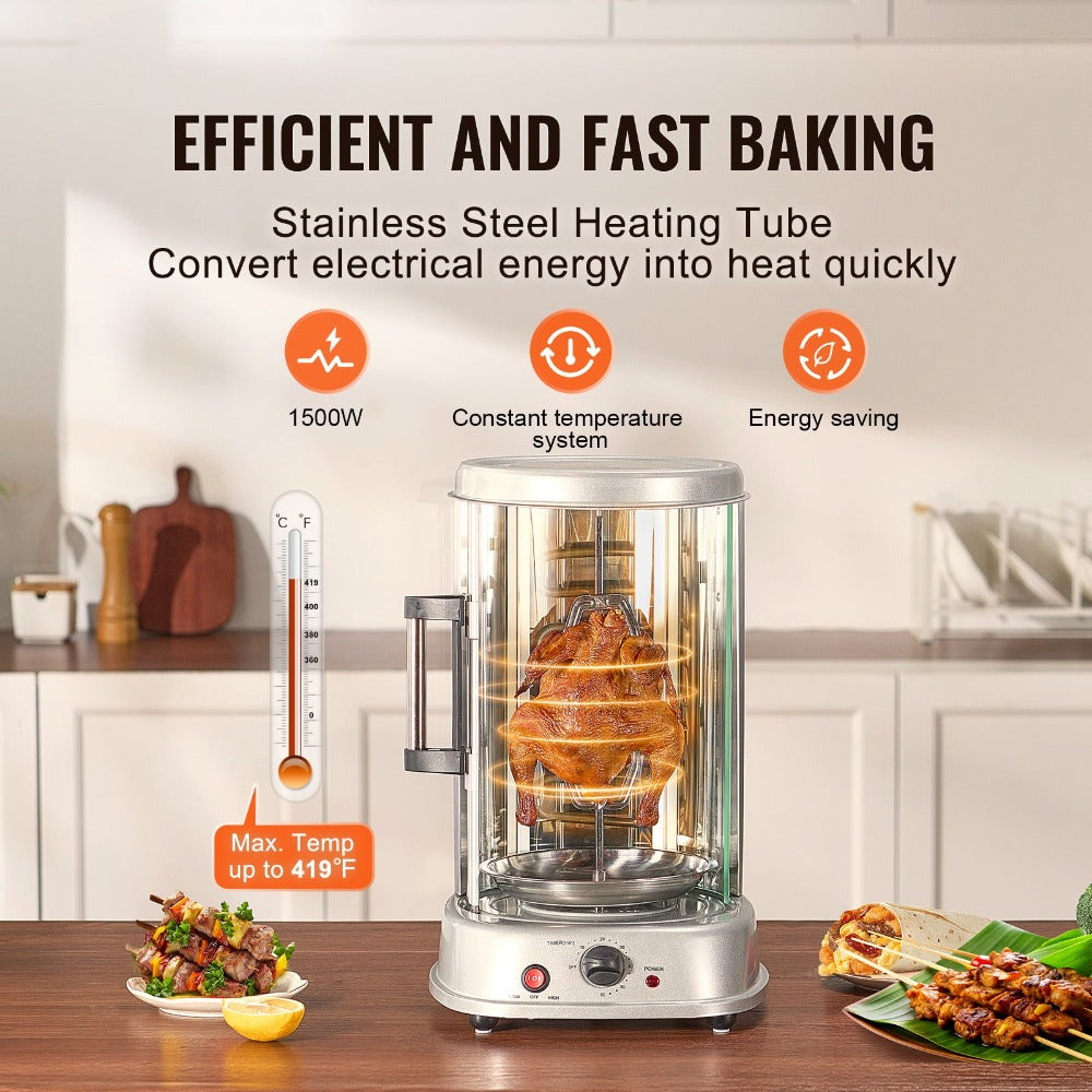 Electric Shawarma Grill Machine 20L Vertical Gyro Rotisserie Doner Kebab Maker Stainless Steel 360 Auto Rotation Timer 419¡ãF Max Temp Multifunctional for Home Family Gatherings