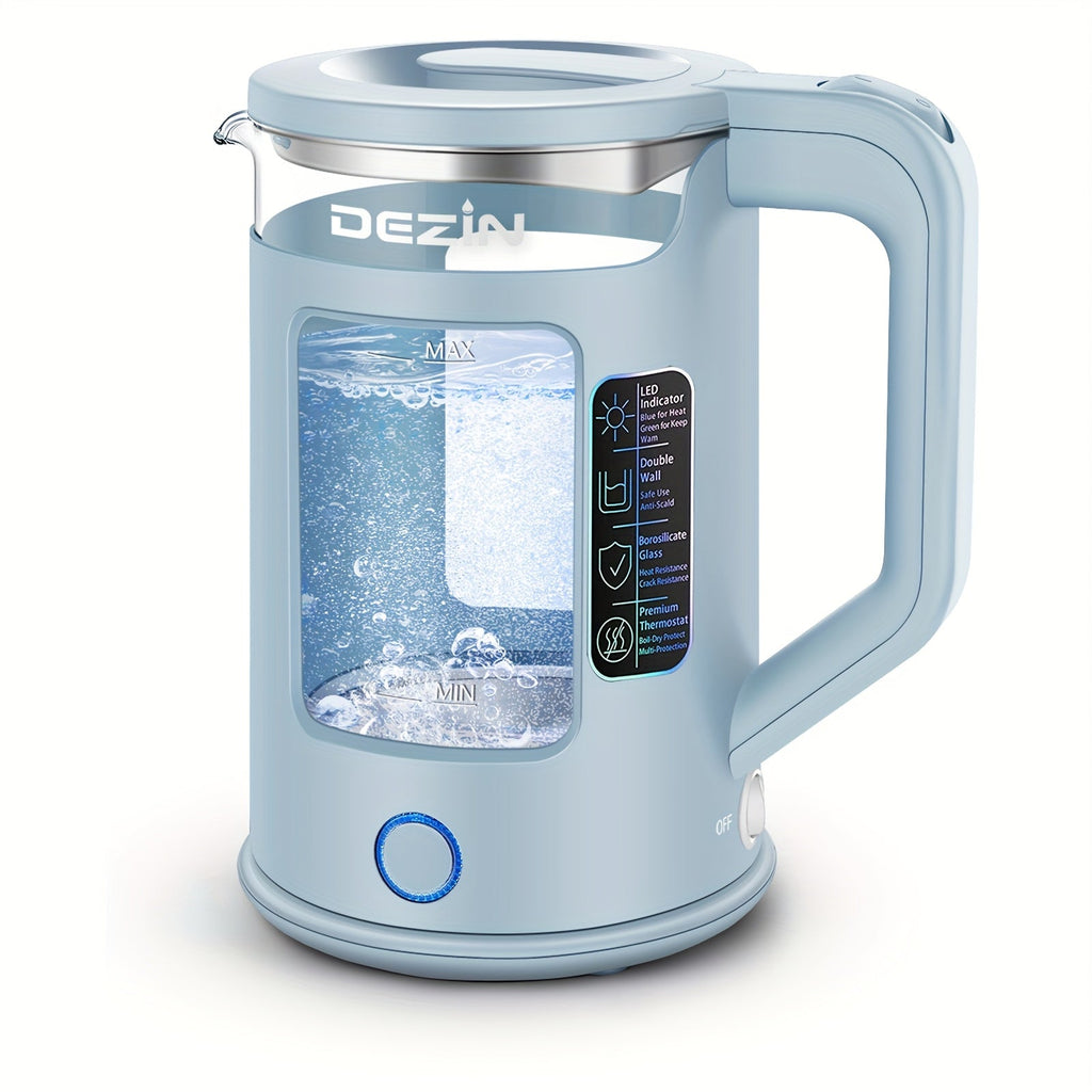 Glass Electric Kettle with Blue LED Light ¨C 1.5L Borosilicate Glass Water Boiler, Auto Shut-Off & Boil-Dry Protection, Fast Heating Hot Water Kettle for Tea & Coffee ¨C Azure, Black
