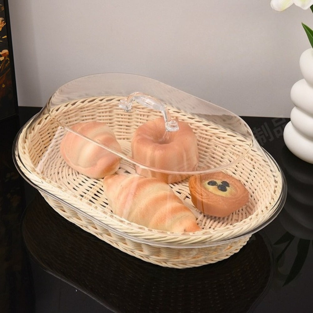 Woven Bread Basket with Lid Oval Rattan Food Basket for Serving Storage Fruits Vegetables Kitchen Dining Table Decor