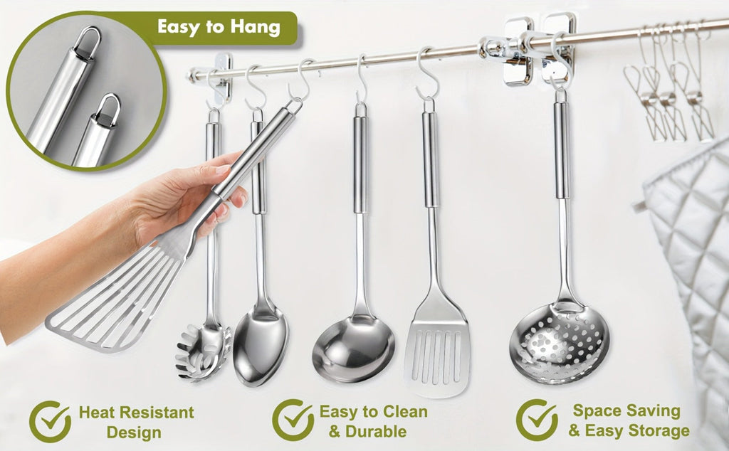 Stainless Steel Kitchen Utensils Set 12 Piece with Holder ¨C Heat Resistant Cooking Utensils, Spatula, Ladle, Tongs, Whisk, Skimmer, Potato Masher, Slotted Spoon