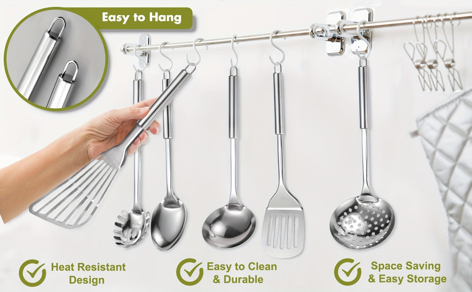 Stainless Steel Kitchen Utensils Set 12 Piece with Holder ¨C Heat Resistant Cooking Utensils, Spatula, Ladle, Tongs, Whisk, Skimmer, Potato Masher, Slotted Spoon