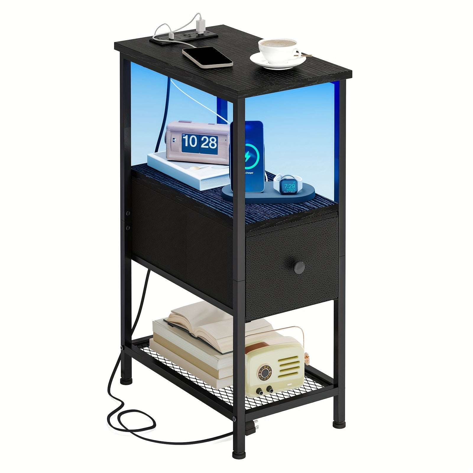 Nightstand with Charging Station Slim LED Bedside Table with Fabric Drawers, Narrow End Table for Small Spaces Bedroom Dorm Living Room Couch, Skinny Side Table Storage Unit Brown Black White