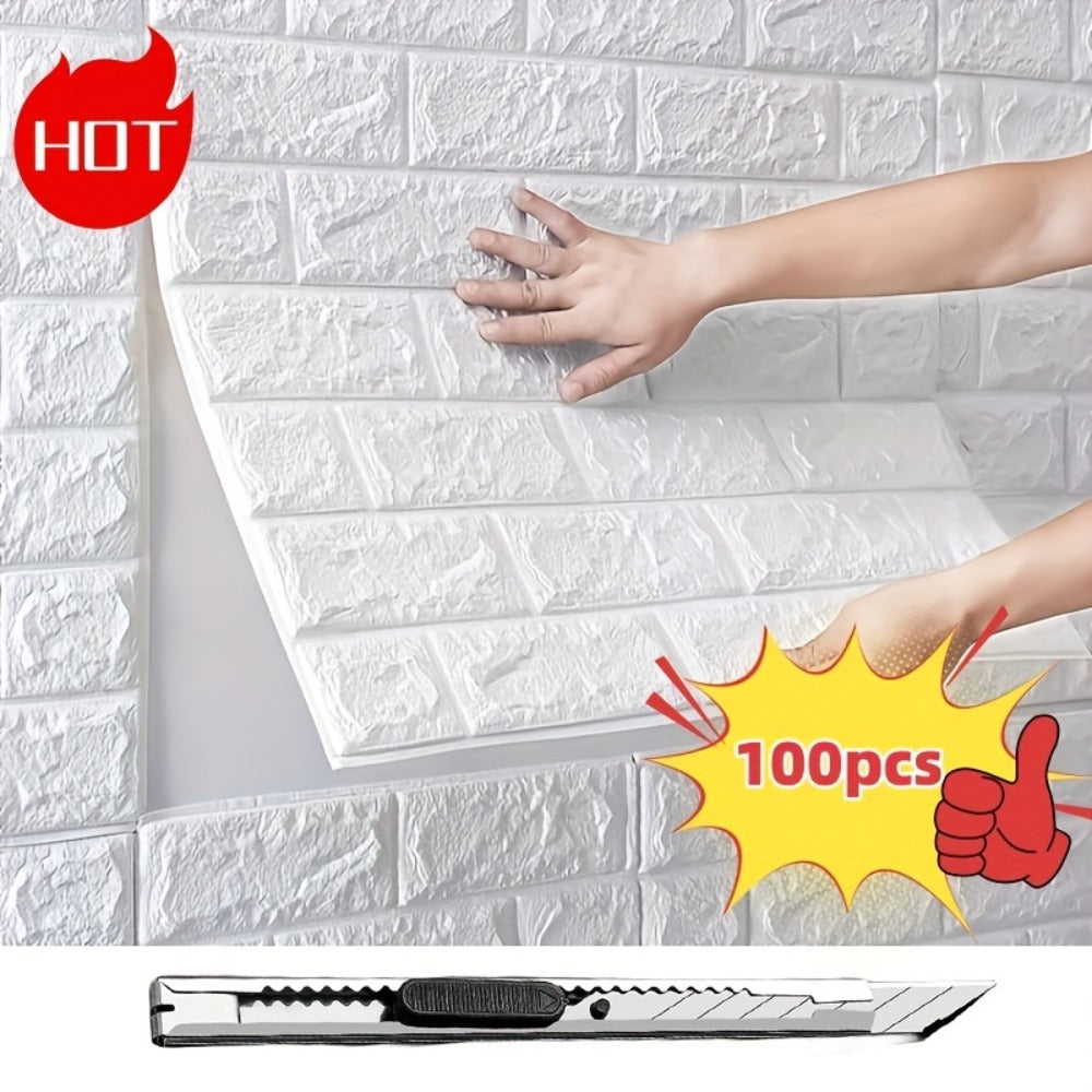 3D Foam Brick Wall Stickers 100pcs Self Adhesive Waterproof Peel and Stick Wallpaper Panels for Bedroom Living Room Bathroom Kitchen Home Decor White