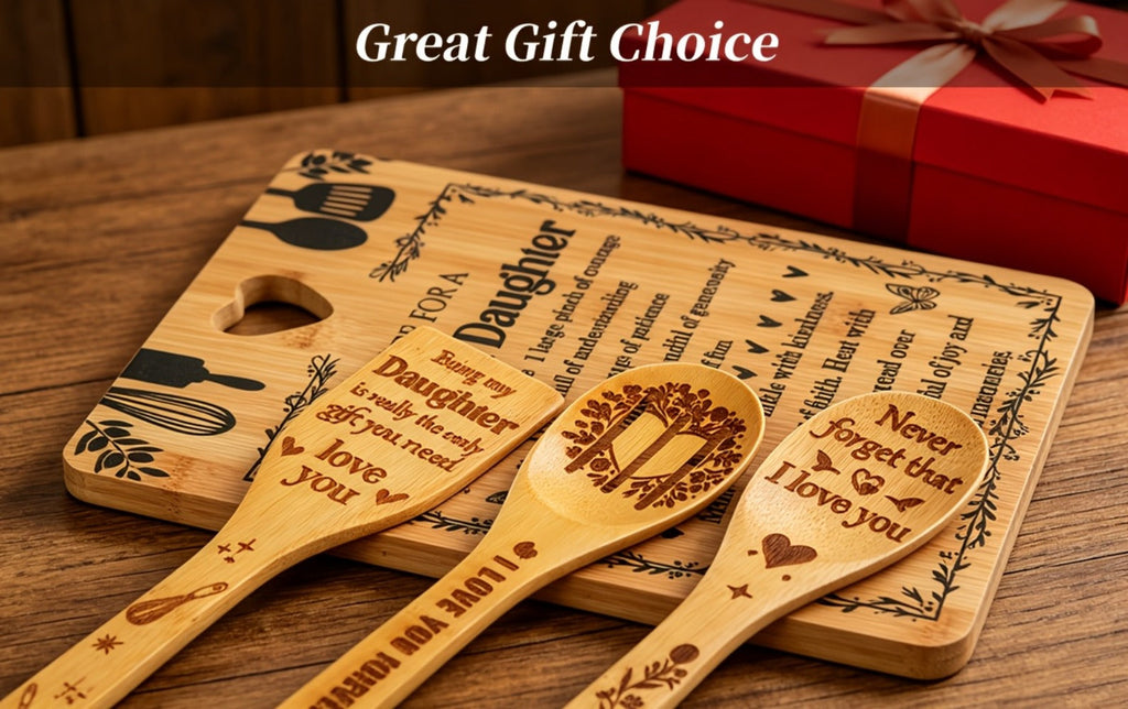Engraved Bamboo Cutting Board Gift Set for Daughter, Recipe for a Special Daughter Kitchen Utensil Set, Personalized Birthday Christmas Gifts for Daughter from Mom Dad, Unique Sentimental Kitchen Gift
