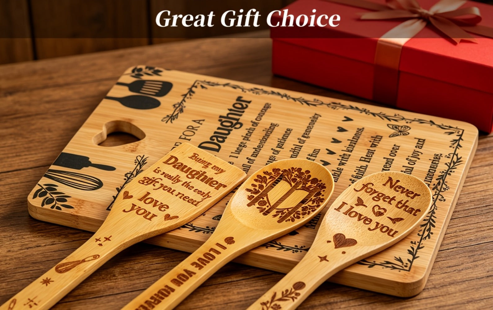 Engraved Bamboo Cutting Board Gift Set for Daughter, Recipe for a Special Daughter Kitchen Utensil Set, Personalized Birthday Christmas Gifts for Daughter from Mom Dad, Unique Sentimental Kitchen Gift