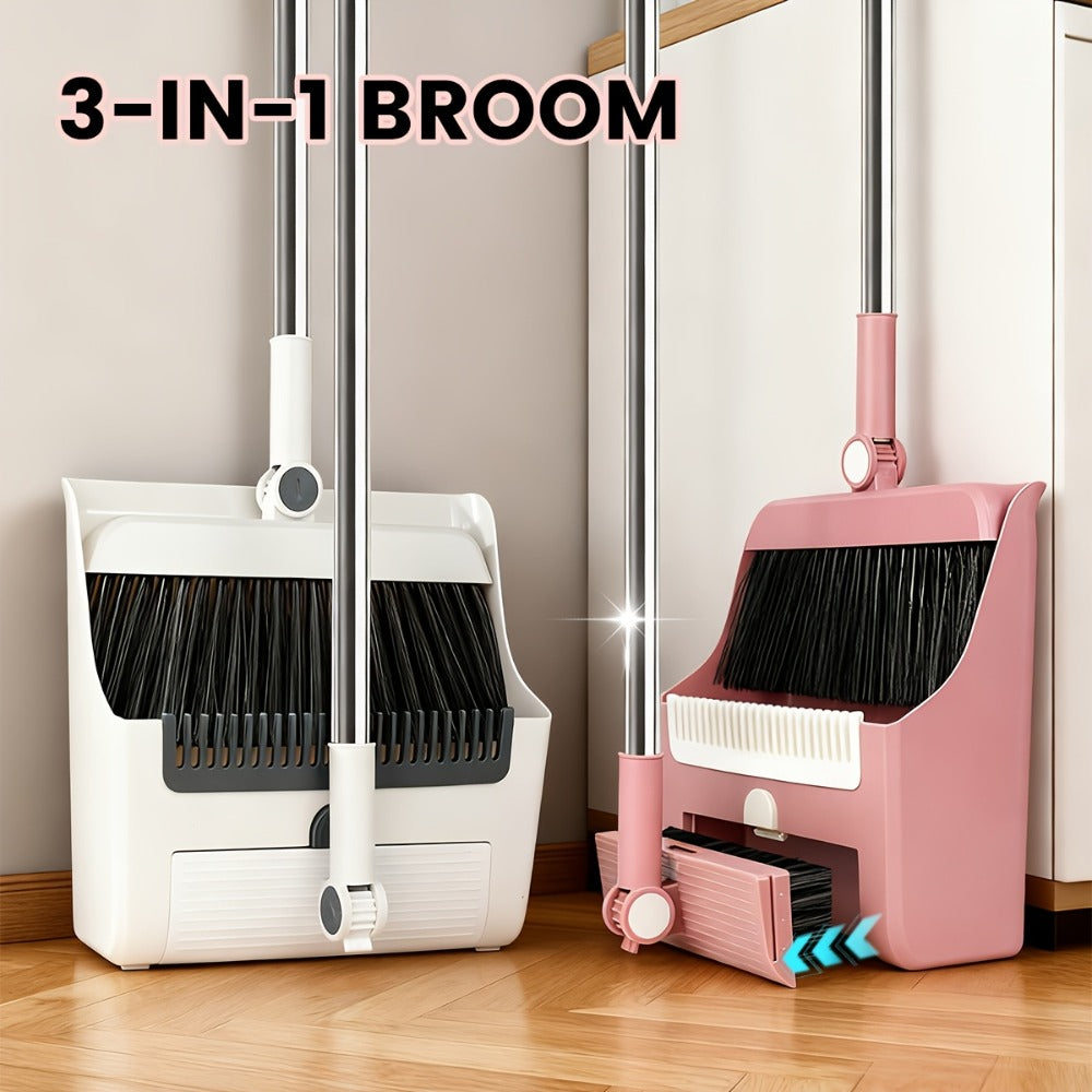 Broom and Dustpan Set 3-in-1 with Wiper - Non-Stick Hair Sweeper Household Floor Broom Combo for Indoor Outdoor Use - Ergonomic Handle Dustpan Broom Kit for Home Kitchen Office - White Pink Gray