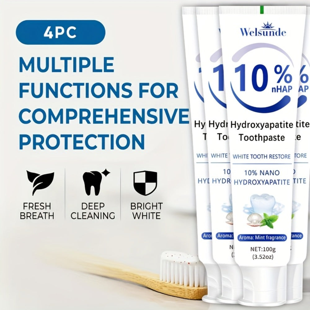 Hydroxyapatite Toothpaste 4-Pack ¨C 10% Nano Formula with Baking Soda, Deep Cleaning & Whitening Gel, Mint Fresh Breath, Fluoride-Free Daily Oral Care for Everyone, Home & Travel Sleek Tube Design (400g)