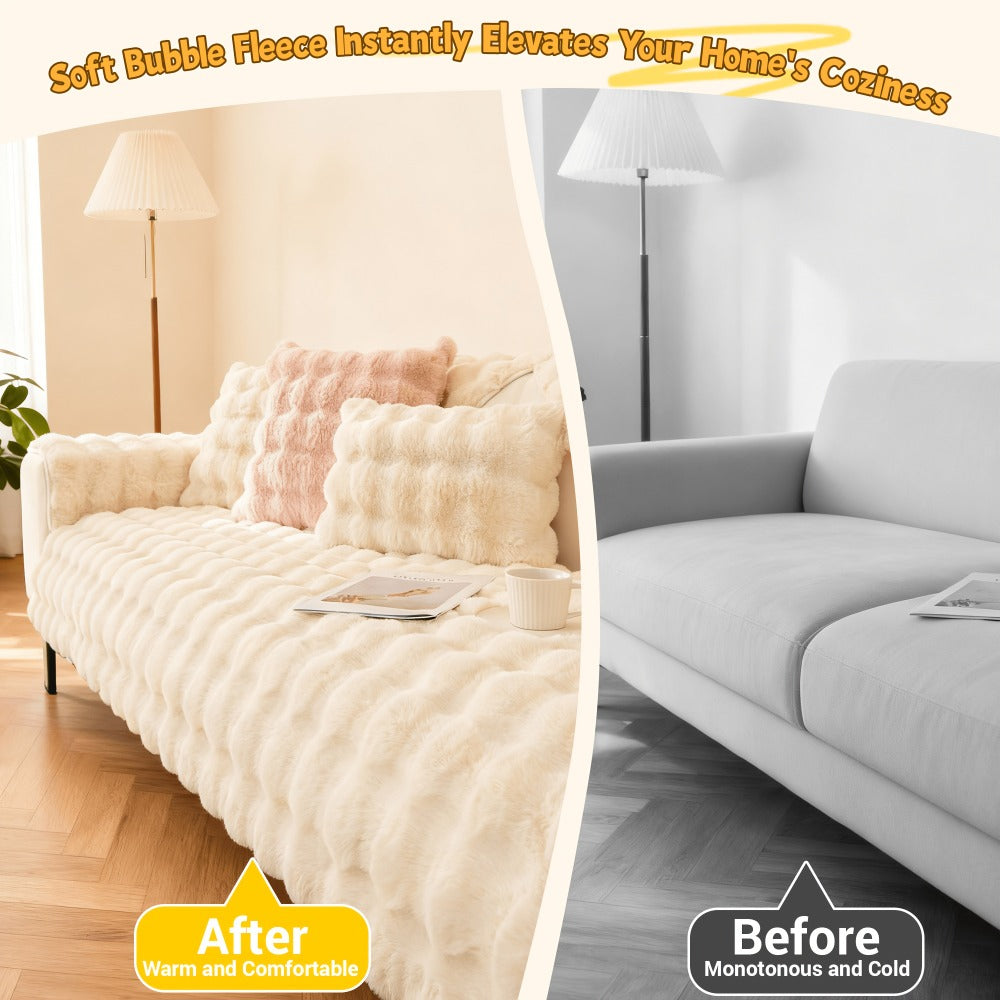 Bubble Soft Faux Rabbit Fur Sofa Cover - Non-Slip Silicone Backing Stretchable Slipcover Pet Friendly Machine Washable for Living Room Bedroom Dorm, 4 Colors Multiple Sizes