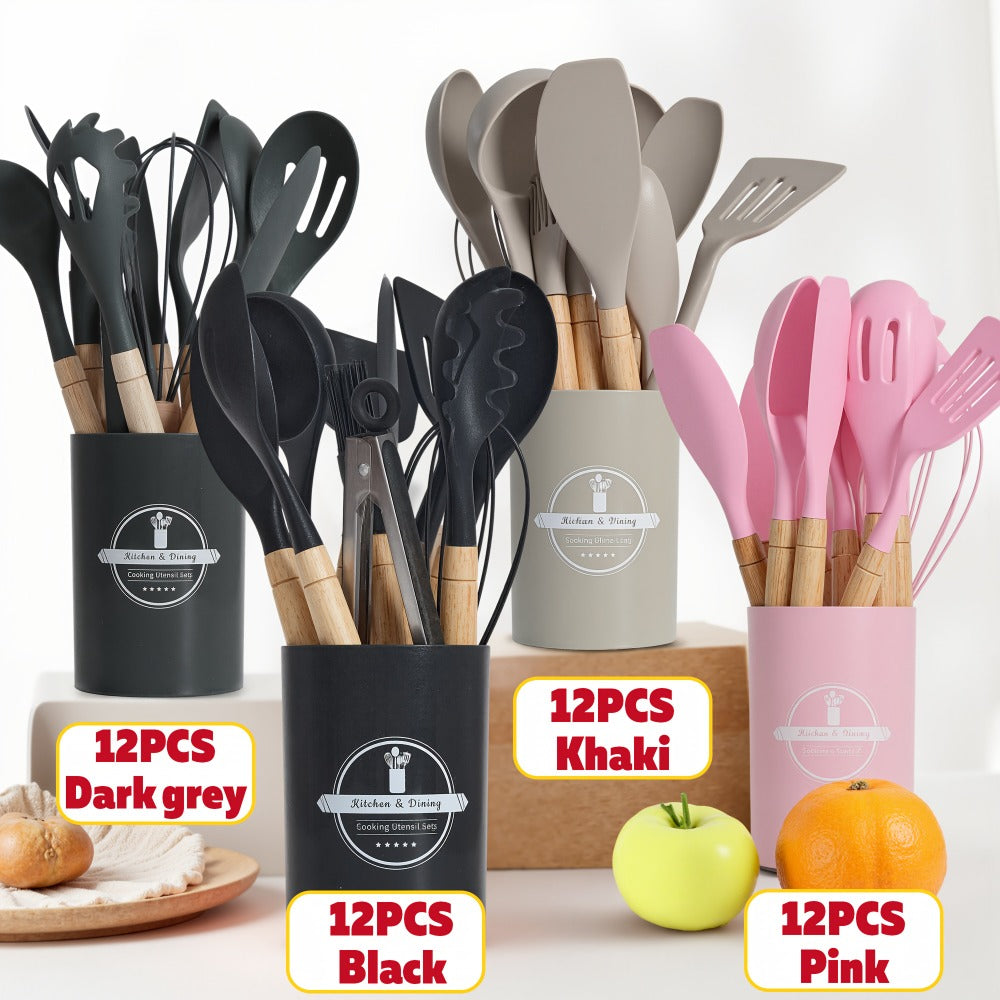 Silicone Kitchen Utensil Set 12PCS with Wooden Handle - Heat Resistant Non-Stick Safe Cooking Spatula Spoon Turner Tongs Brush with Holder for Home Restaurant Gift