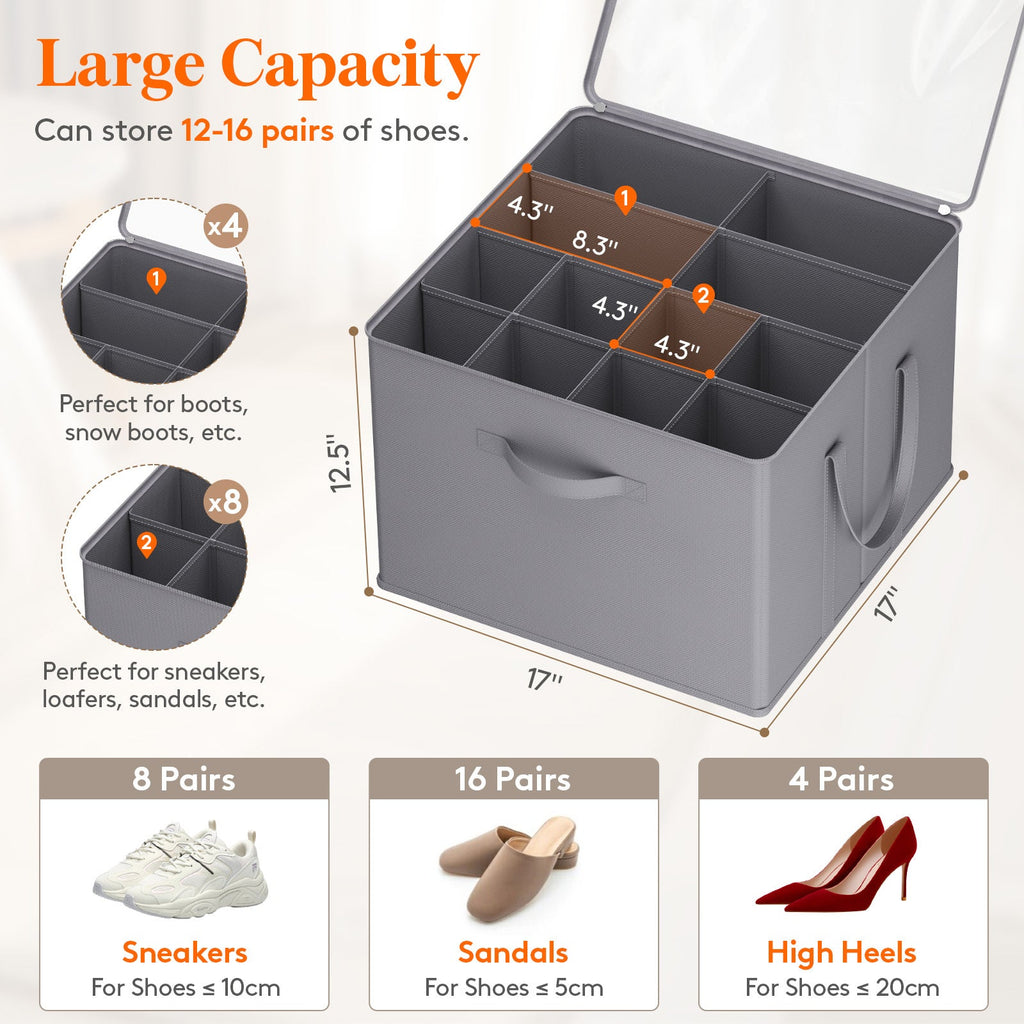 Shoe Storage Organizer with Clear Cover ¨C Foldable Shoe Box for Closet, Fits 12-16 Pairs, Reinforced Handles, Dust-Proof Non-Woven Fabric, Space-Saving Stackable Design for Boots Heels Sneakers, 1/2/3 Pack