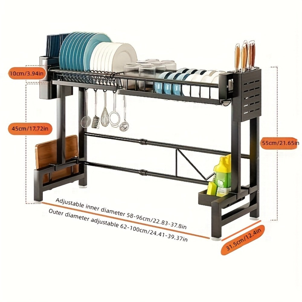 Dish Drying Rack Expandable Kitchen Sink Organizer - Countertop Dish Drainer with Drainage, Single or Double Layer Black Kitchen Storage Shelf for Plates, Cups & Utensils