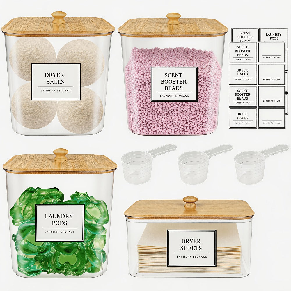 Laundry Pods Container & Dryer Sheet Holder Set with Bamboo Lids, Clear Laundry Room Organization Containers for Scent Booster, Powder, Pods ¨C 3+1 Pack