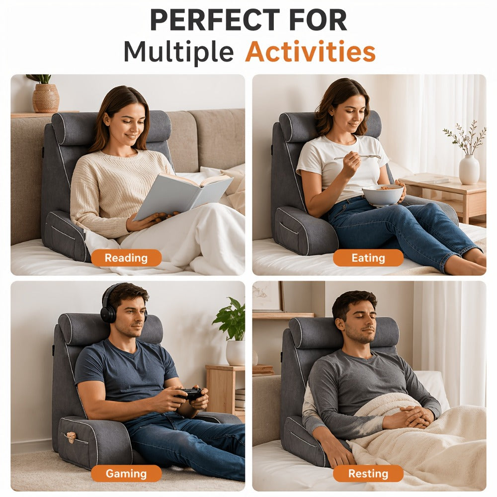 Reading Pillow for Adults Bed Rest Pillow with Arms 19 Inch Back Support Cushion Removable Washable Cover for Sitting Up in Bed Gaming Watching TV Reclining on Couch or Floor Backrest Wedge Pillow Grey