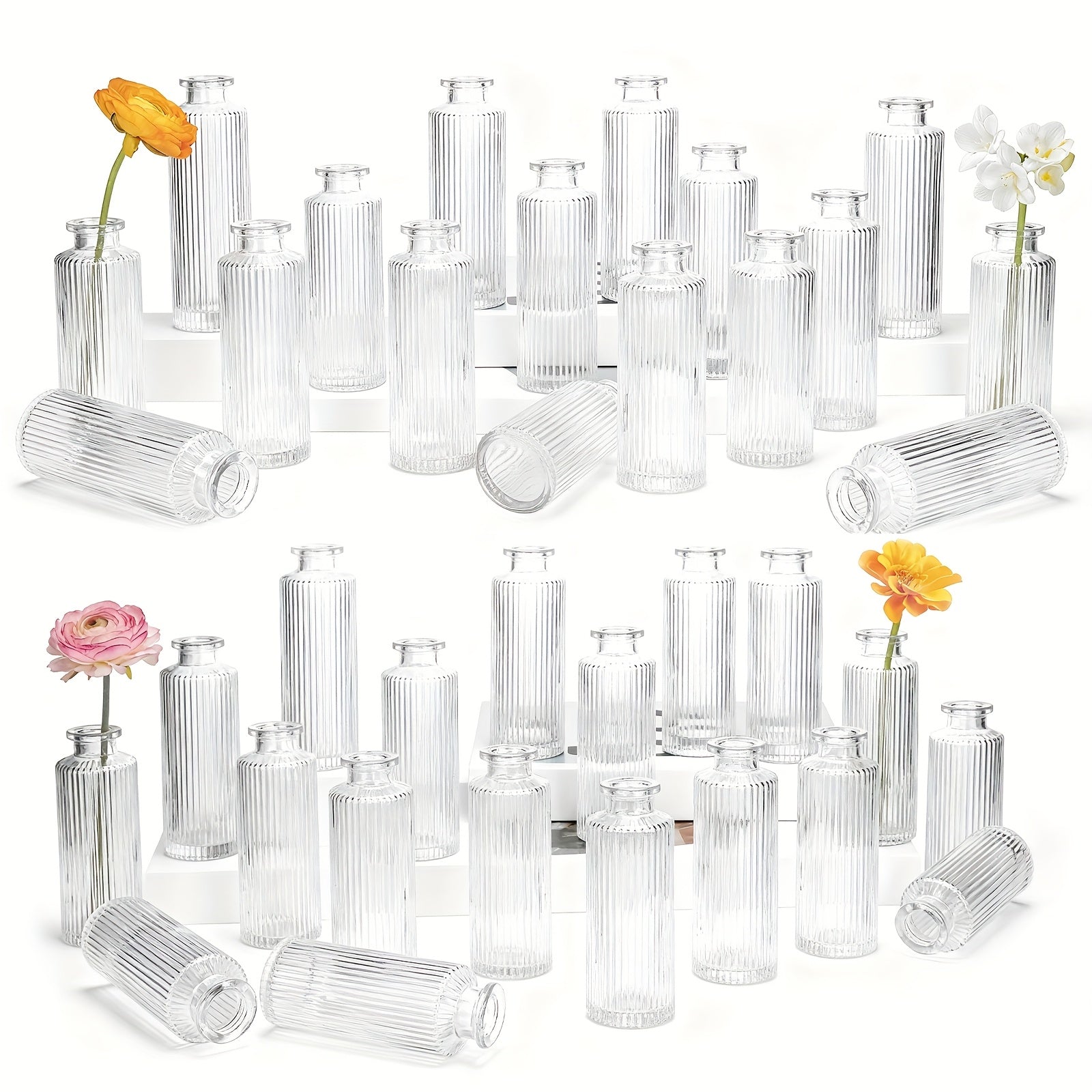 Mini Bud Vases Set - Modern Striped Clear Glass Flower Vases for Wedding Centerpieces, Birthday Party, Anniversary, Home Table Decor, Multiple Sizes 12/24/36 Pcs
