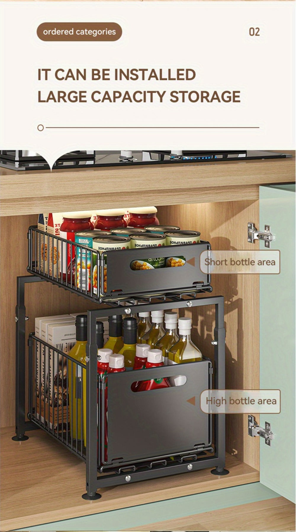 Under Sink Organizer 2-Tier Slide Out ¨C Heavy Duty Metal Cabinet Shelf, Adjustable Space-Saving Storage Rack for Kitchen & Bathroom Cabinets, Pull Out Drawer Organizer