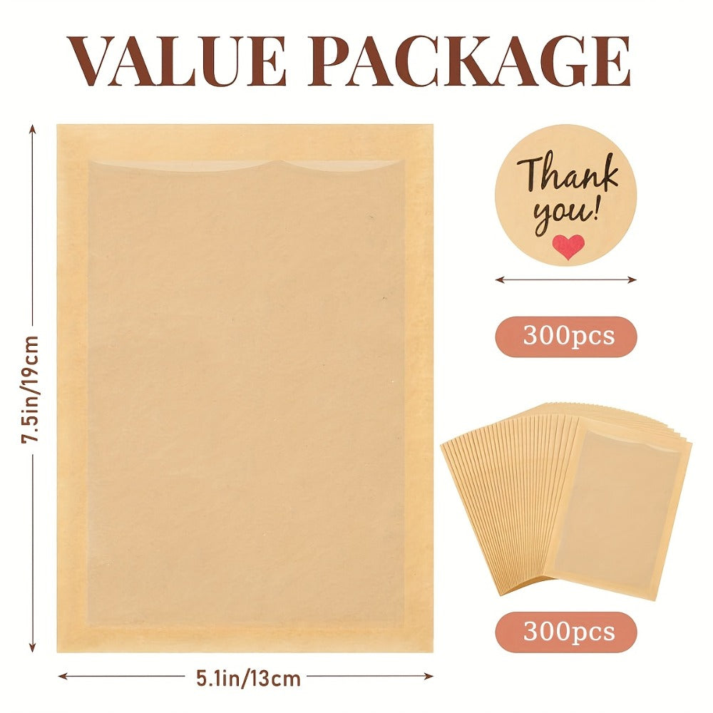 Cookie Bags with Window 300pcs Kraft Paper Treat Bags with Thank You Stickers Grease Resistant Clear Front Bakery Bags for Cookies Donuts Pastry Snack Packaging