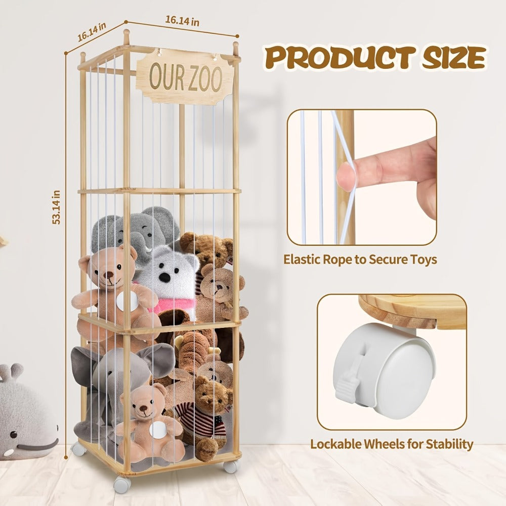 Stuffed Animal Storage Tower Wooden Zoo Cage Design Large Plush Toy Organizer Holder for Kids Playroom Bedroom No-Tool Assembly Boys Girls Gift