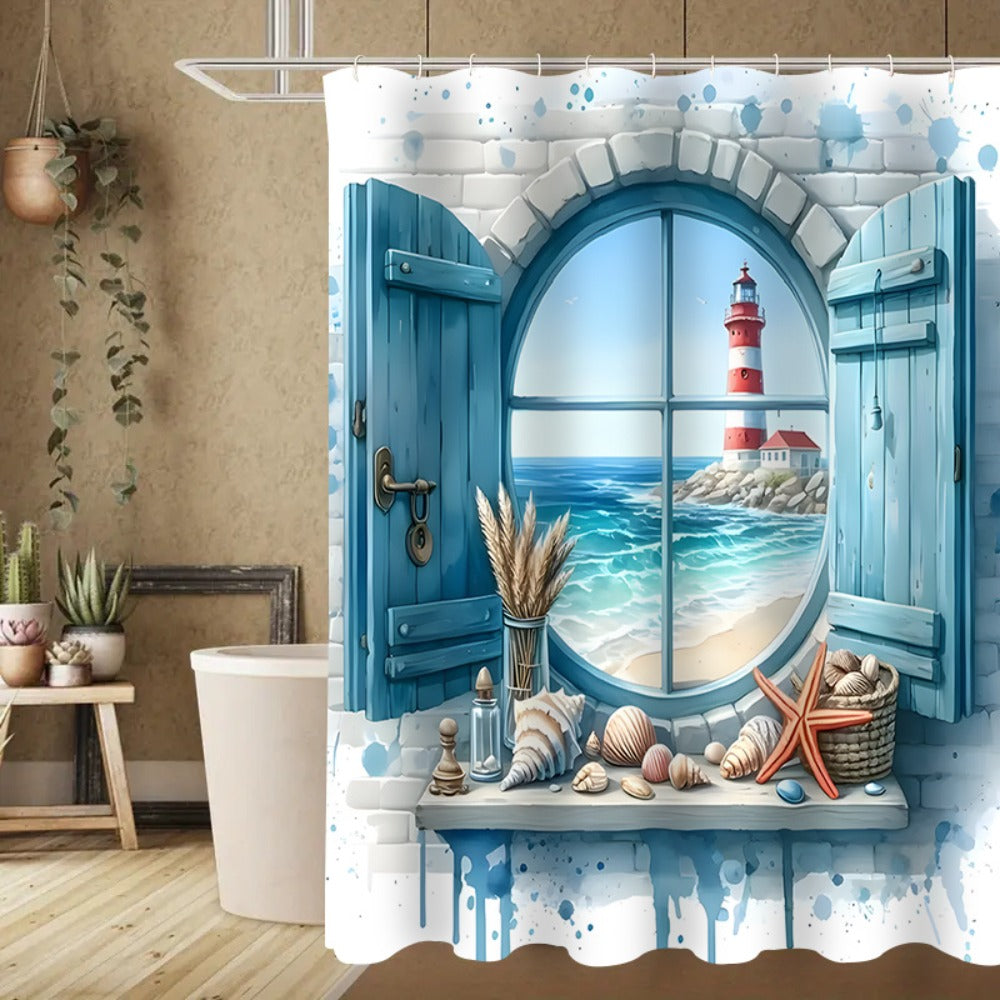 Lighthouse Shower Curtain Set with Ocean View Pattern ¨C Nautical Bathroom Decor with Non-Slip Mat, Toilet Seat Cover & 12 Hooks for Apartment Hotel