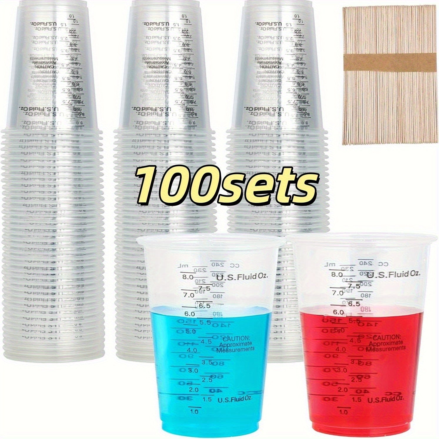 Plastic Measuring Cups with Wooden Sticks 100 Sets Clear Graduated Mixing Cups oz/ml/cc for Resin, Cooking, Baking & Epoxy ¨C Disposable Paint Mixing Cups