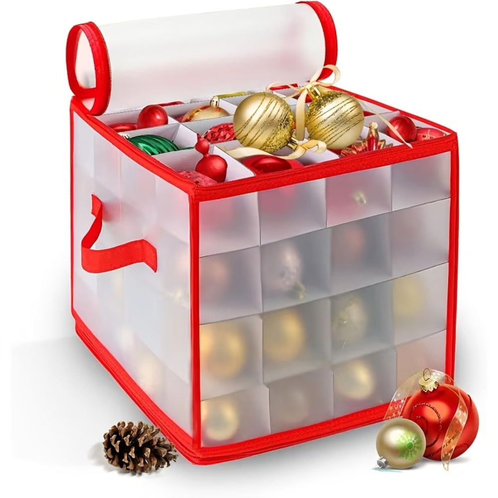 Christmas Ornament Storage Box ¨C Holds Up to 64 Holiday Ornaments, Adjustable Dividers, Covered Lid & Dual Handles, Clear Protective Container Keeps Decorations Safe, Clean & Dust-Free