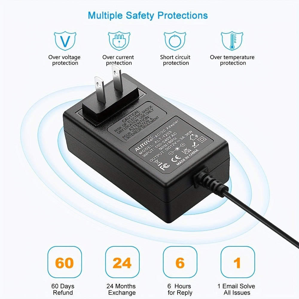 12V 3A DC Power Adapter 36W with 10 Interchangeable Tips - Universal AC 100-240V Input, Short Circuit & Overvoltage Protection, Stable Output for CCTV Camera, LED Strip, Router, TV Box & More