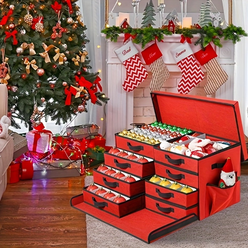 Christmas Ornament Storage Box 128 Slots 8 Trays Stackable Large Capacity Holiday Organizer with Lid Side Open Adjustable Dividers Removable Trays Red Green