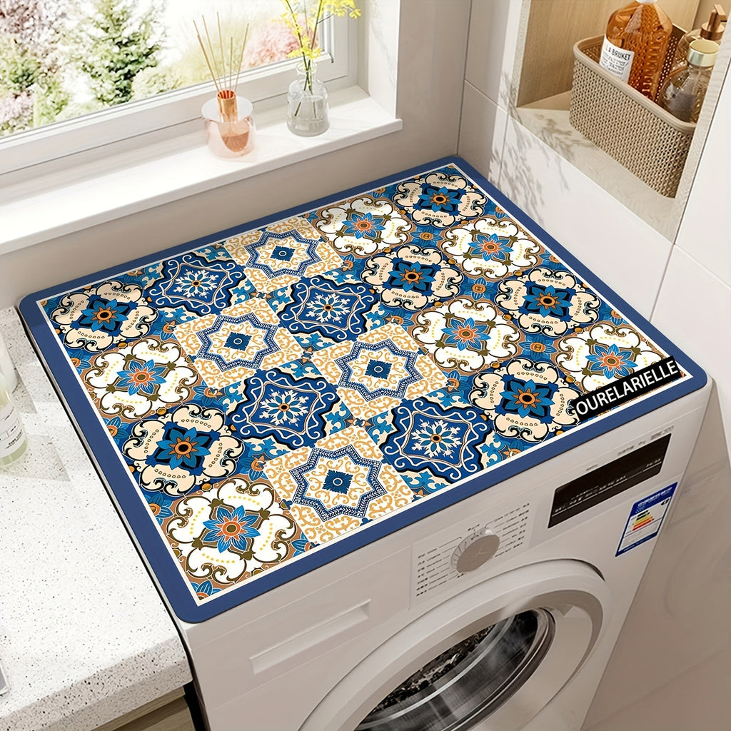 Washing Machine Cover Silicone Waterproof Decorative Plaid, 23.62x19.69 Inch Kitchen Laundry Room Top Load Washer Protector, Food-Grade Vintage Mosaic Multicolor Design Home Organization Appliance Cover