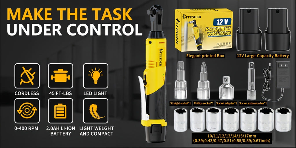 12V Electric Ratchet Wrench Set 400 RPM | 3/8¡± Cordless Power Ratchet Tool Kit with Variable Speed, 7 Sockets, 2.0Ah Lithium Battery & Fast Charger ¨C Pipeline & Auto Repair