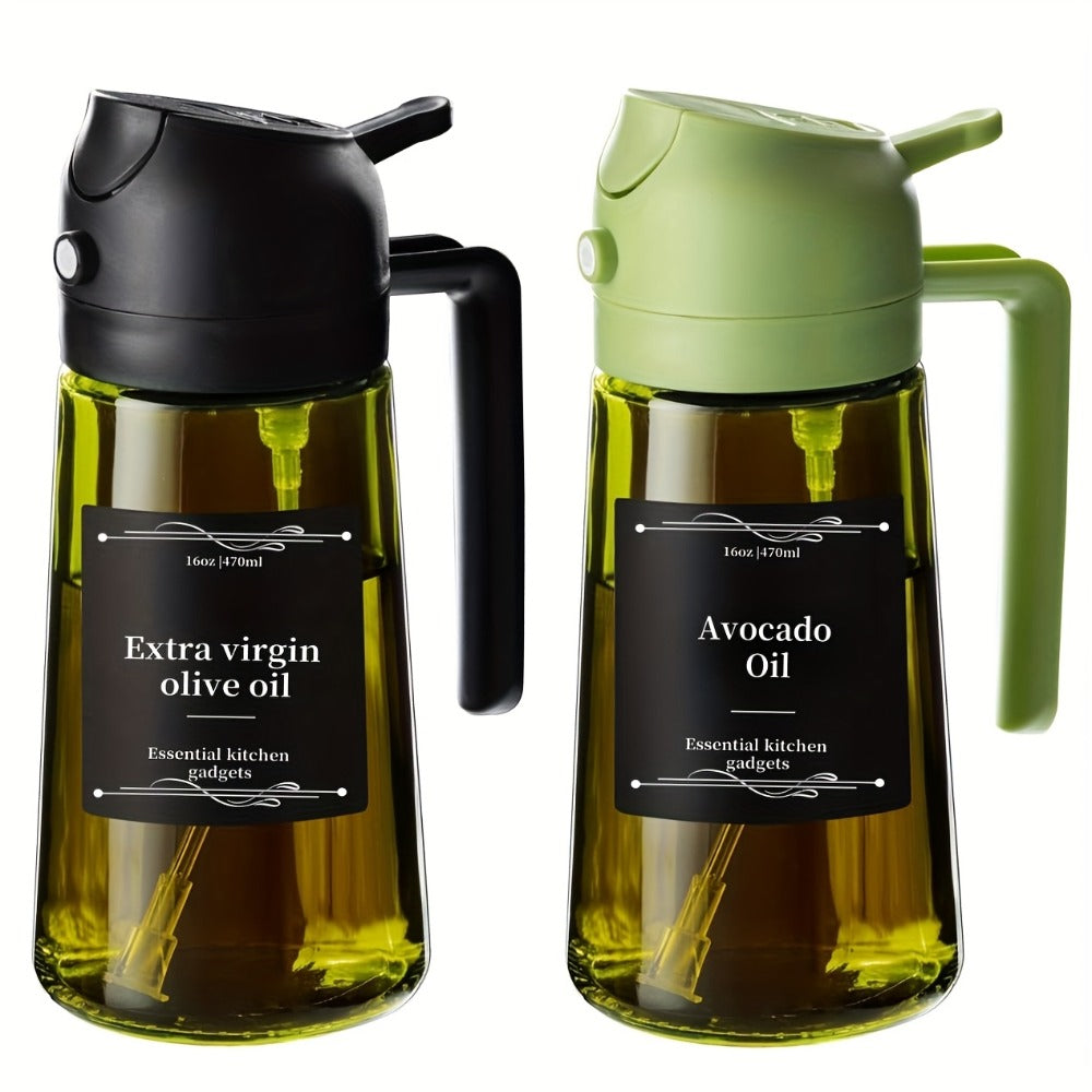 Olive Oil Dispenser Bottle 2-in-1 Glass Oil Sprayer & Dispenser 16oz Kitchen Cooking Oil Bottle with Labels for BBQ, Salad, Air Fryer & Grilling ¨C 2 Pack