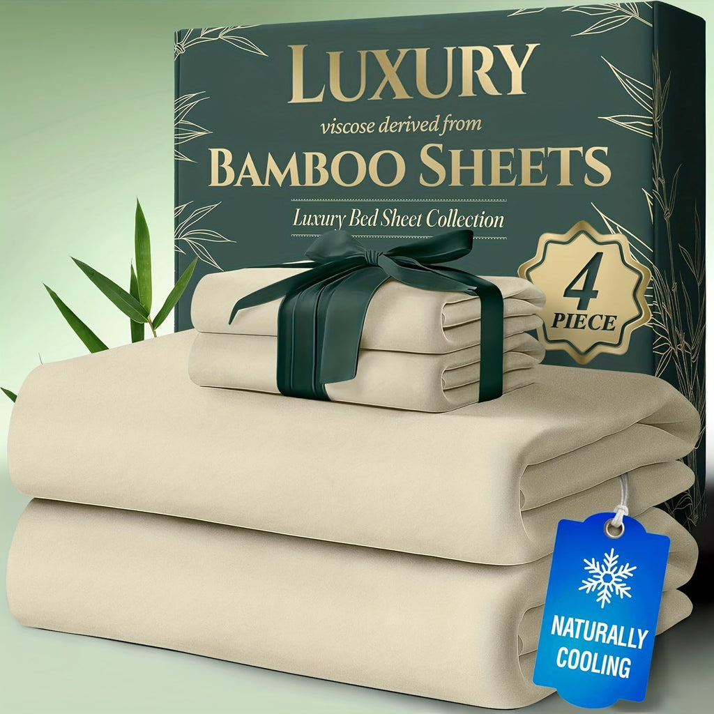Bamboo Bed Sheet Set Twin Full Queen King - Cooling Soft Deep Pocket Fitted Sheets for Hot Sleepers, Moisture-Wicking Breathable Bedding Set Multiple Colors
