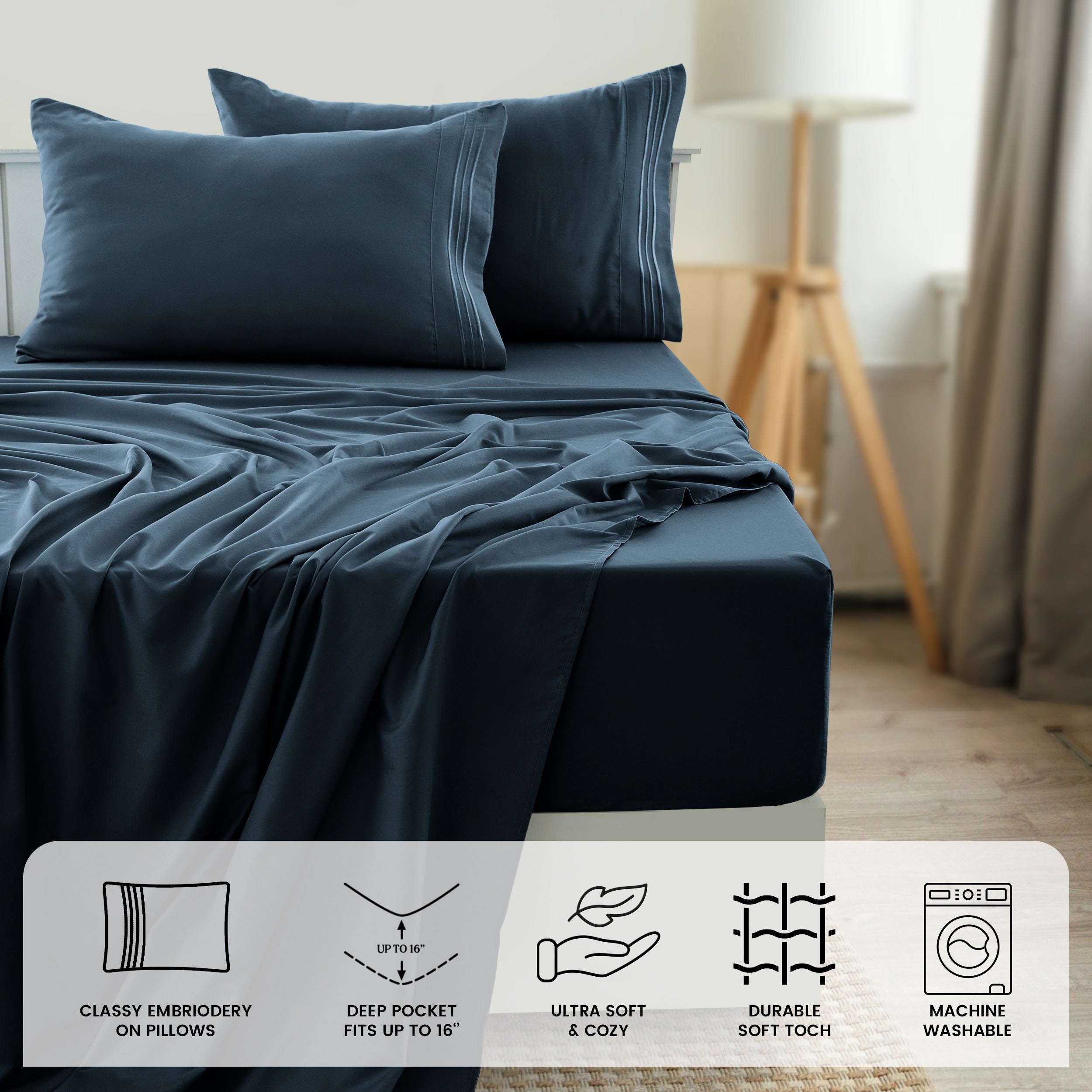 Fitted Sheet Set 6-Piece Brushed Polyester Deep Pocket Bed Sheets 20 Colors Hotel Luxury Soft Bedding with Embroidered Pillowcases