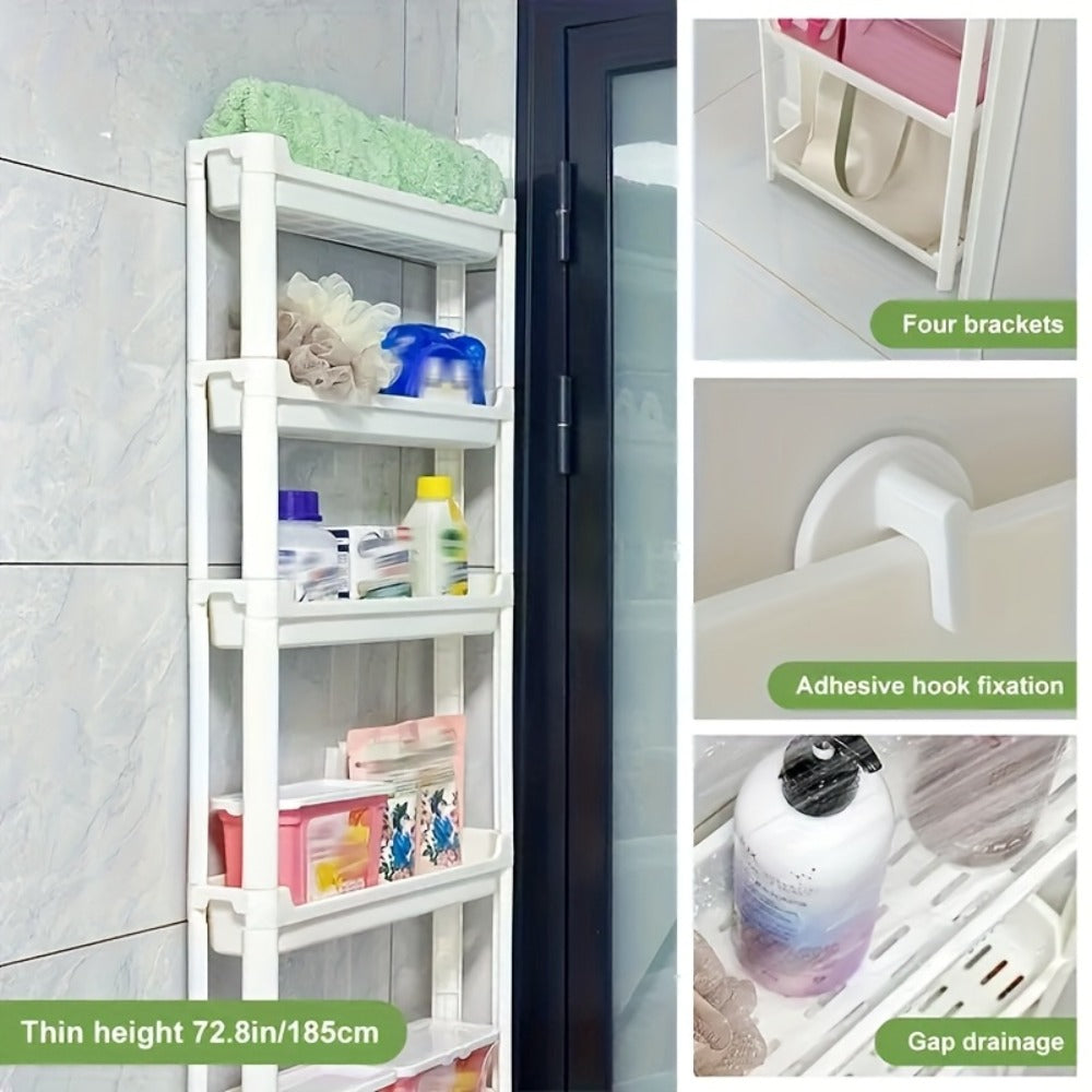 Behind Door Storage Rack, Multi-Layer Slim Organizer for Bathroom & Kitchen, Space Saving Over Door Shelf, Narrow Cabinet Rack with Fixed Hook, Plastic Stackable Storage