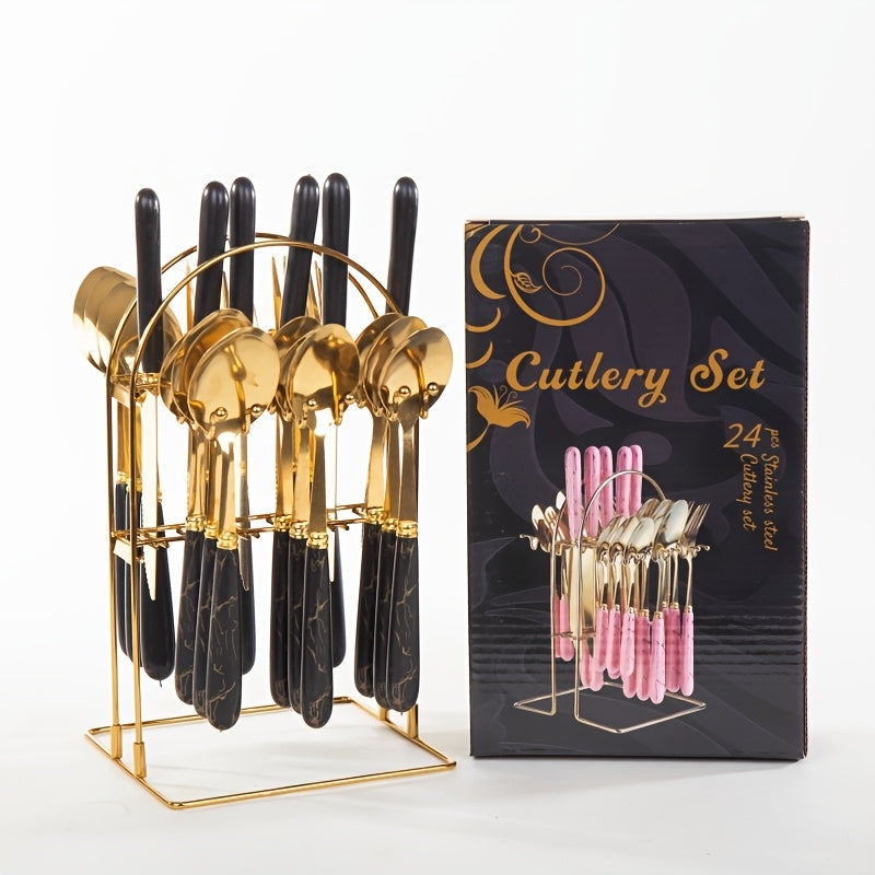 Stainless Steel Flatware Set 24pcs Marbled Handle Knives Forks Spoons with Gift Box & Storage Rack