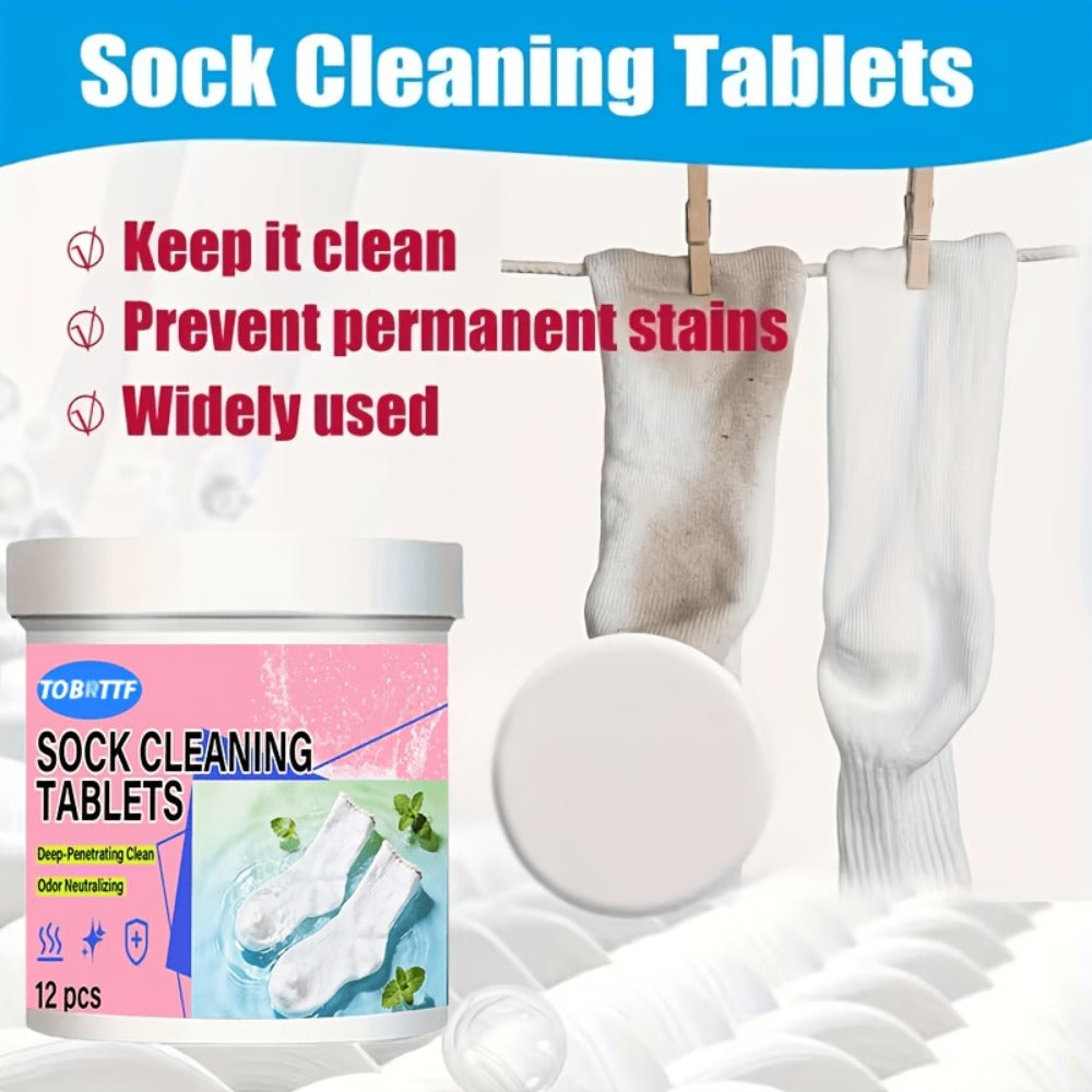 Sock Cleaning Tablets Deep Penetration Odor Neutralization Sweat Stain Remover 12 Tablets No Scrubbing Laundry Soaking Effervescent