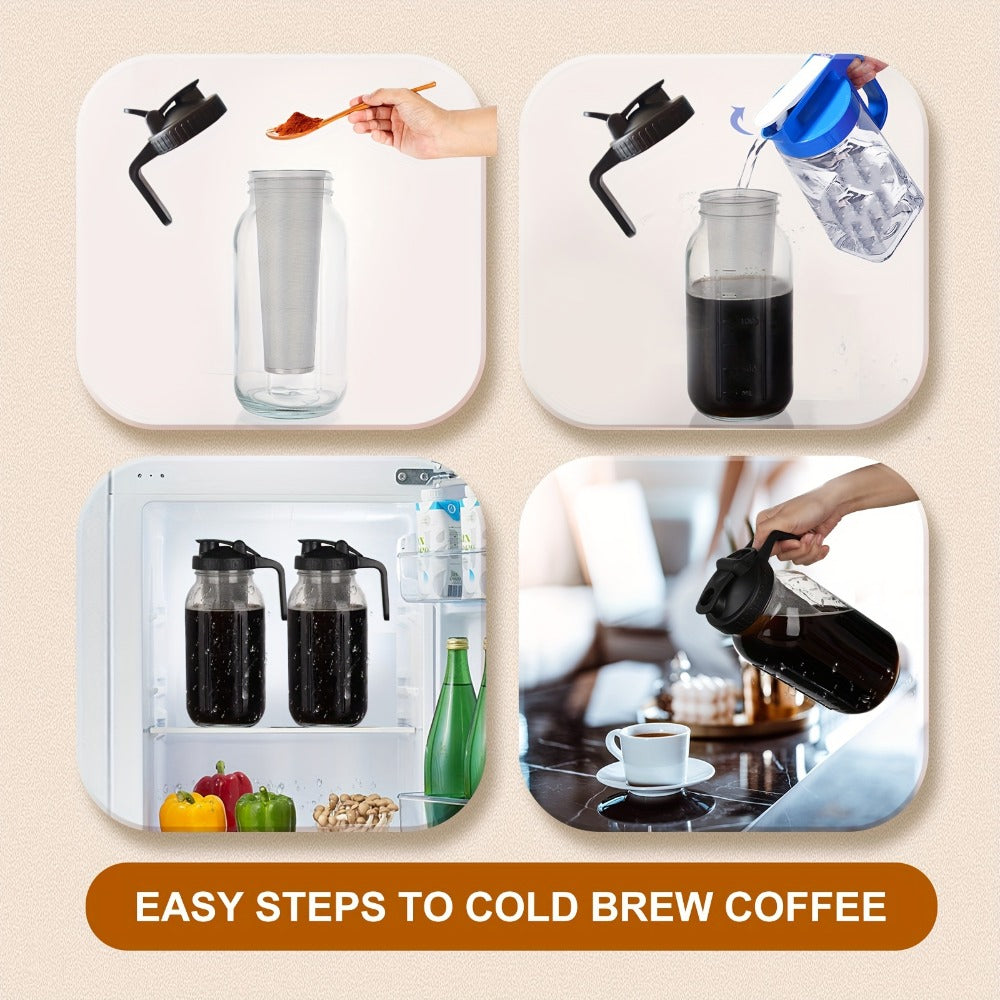 Cold Brew Coffee Pot Set with Stainless Steel Filters & Cleaning Brush - 32oz Glass Mason Jar Cold Brew Maker for Home, Kitchen & Restaurant, Multi-Serve Cold Brew Pitcher Set for Family & Entertaining