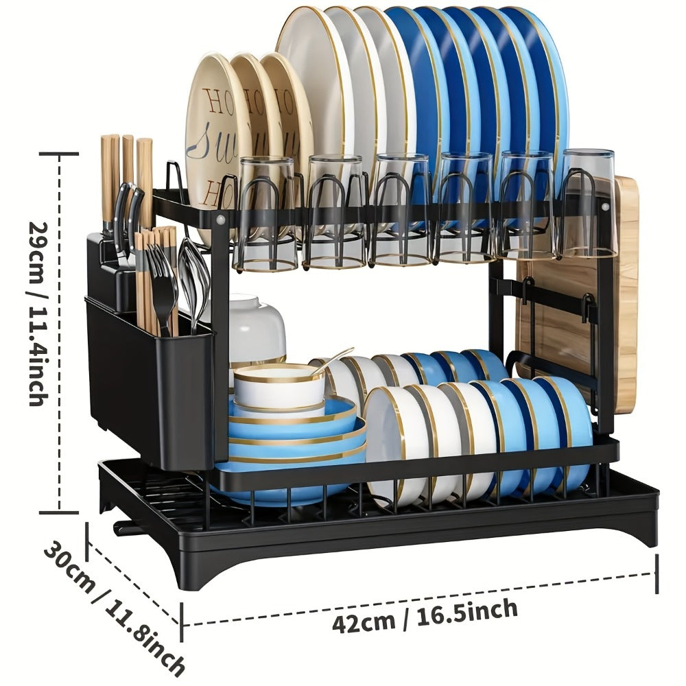2-Layer Dish Drying Rack Kitchen Countertop Organizer - Dish Drain Rack with Knife Holder, Cup Rack & Cutlery Holder for Bowls, Chopsticks & Utensils, Black Assembled Dish Drainer