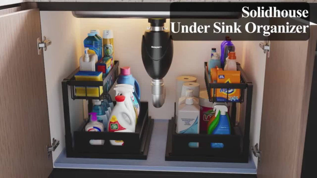 Under Sink Organizer 2-Tier Sliding Cabinet Basket with Hooks ¨C Adjustable Bathroom Kitchen Shelf Storage Rack for Cabinets