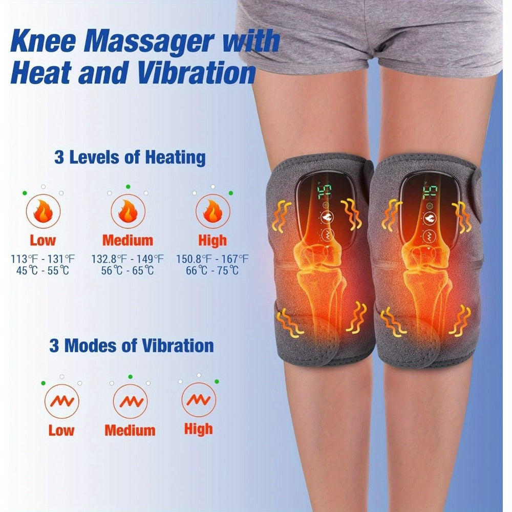 Heating Knee Massager 3-in-1 Wireless Vibrating Knee Brace - Electric Heating Pad with Vibration Massage for Knee, Shoulder & Elbow Pain Relief, Universal Fit, Gray