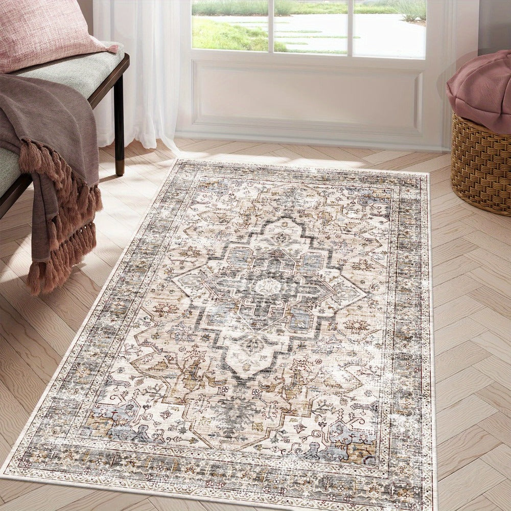 Bohemian Area Rug Ultra-Soft Non-Slip Washable Retro Foldable Carpet for Living Room Bedroom in Beige and Grey Multiple Sizes