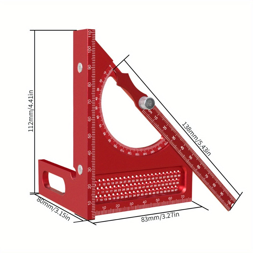 Adjustable 3D Carpentry Square Set 180¡ã Rotating Aluminum Alloy Triangle Ruler T-Square with Scribing Holes Red Black Markings Woodworking Measurement Tool