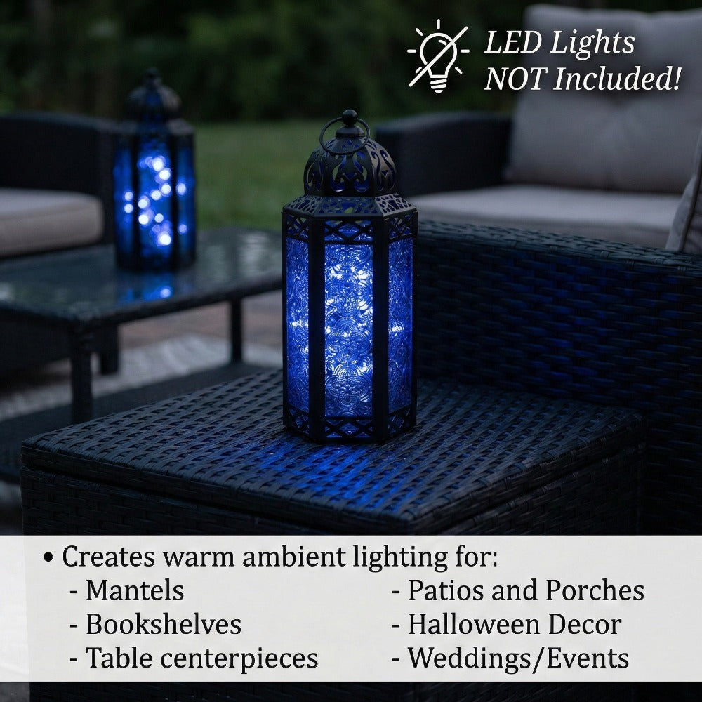 Moroccan Candle Lantern Holder - Decorative Metal & Glass Lantern with Embossed Floral Design for Indoor Home Decor, Garden, Patio, Weddings, Ramadan, Halloween & Holiday Celebrations - 10.5¡± Tall Medium Size