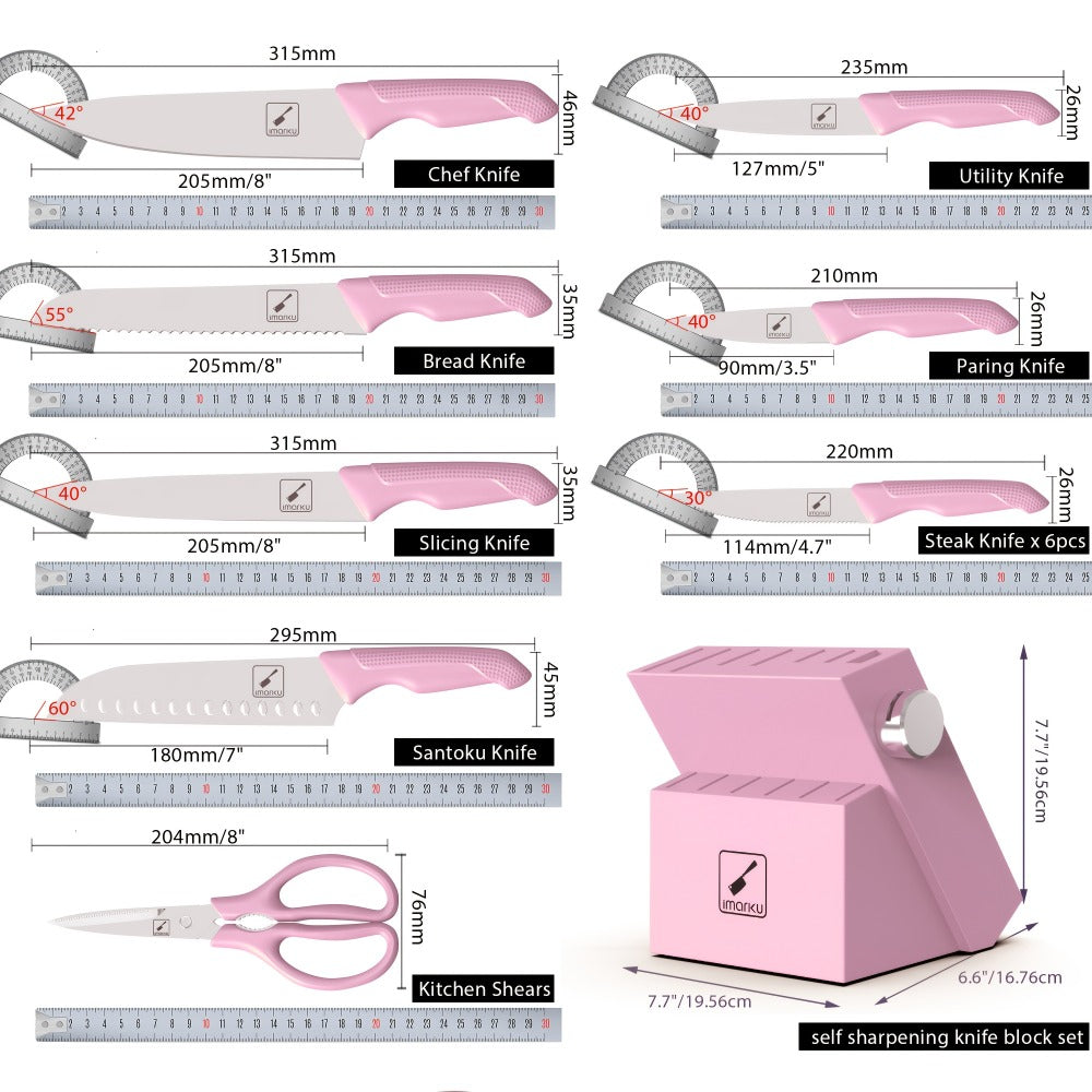 Knife Block Set 14 Piece Pink ¨C Japanese Stainless Steel Kitchen Knife Set with Built-in Sharpener, Non-Slip Ergonomic Handles, Dishwasher Safe, Perfect Holiday & Housewarming Gift for Women