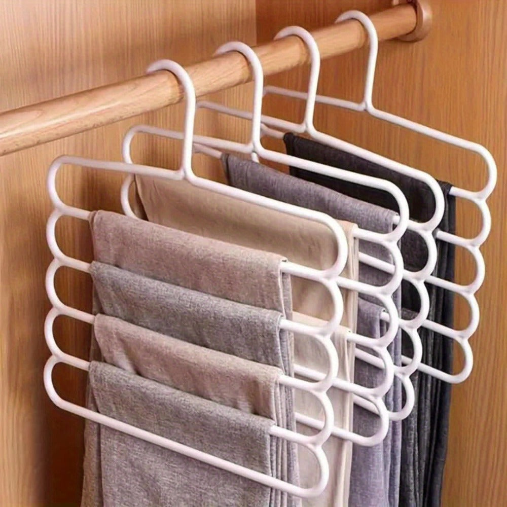 5-Layer Pants Rack Multi-Tier Anti-Slip Space Saving Hanger | 5 Pack Vertical Closet Organizer for Pants Scarves Clothing | Durable Plastic Wardrobe Hanger for Home Bedroom Boutique