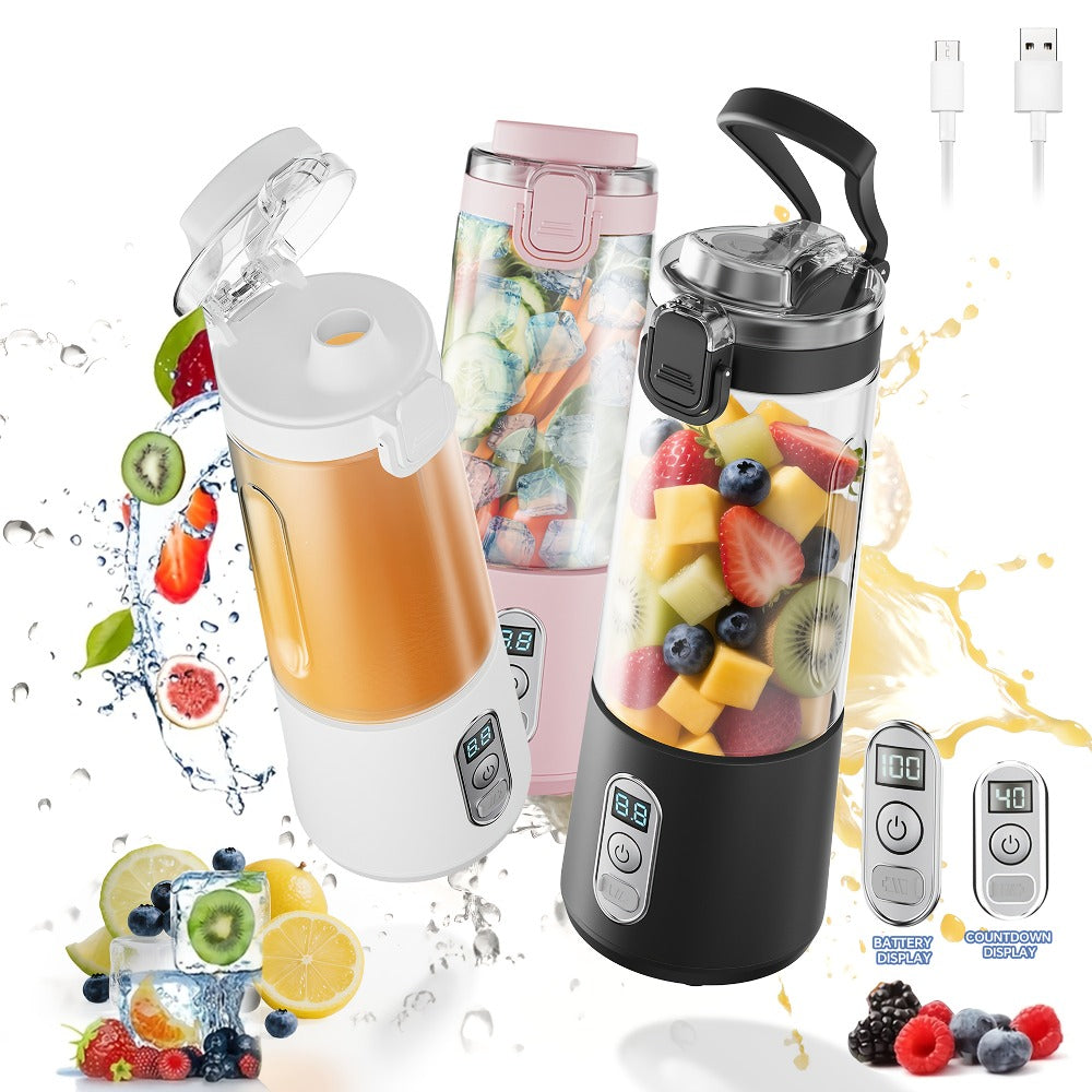 Portable Smoothie Blender USB-C Fast Charge 6-Blade Stainless Steel ¨C Digital Timer Battery Display High-Speed Ice Crush No-Spill Lid | Protein Shake Gym Travel Blender in Black Pink White