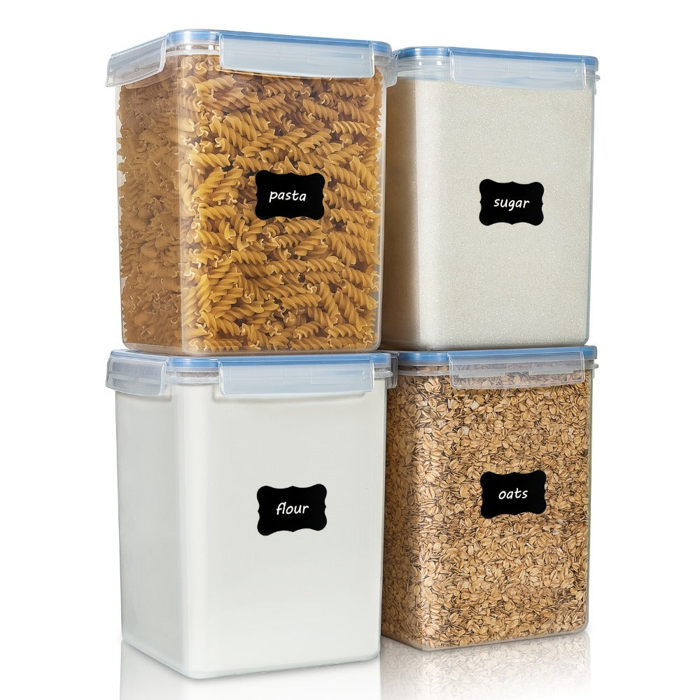 Large Airtight Pantry Canisters 4 Pack - BPA-Free Plastic Food Storage Containers with Lids for Flour Sugar Rice Cereal and Baking Supplies, 176oz 5.2L Clear Stackable Kitchen Canister Set with Measuring Cups and Chalkboard Labels
