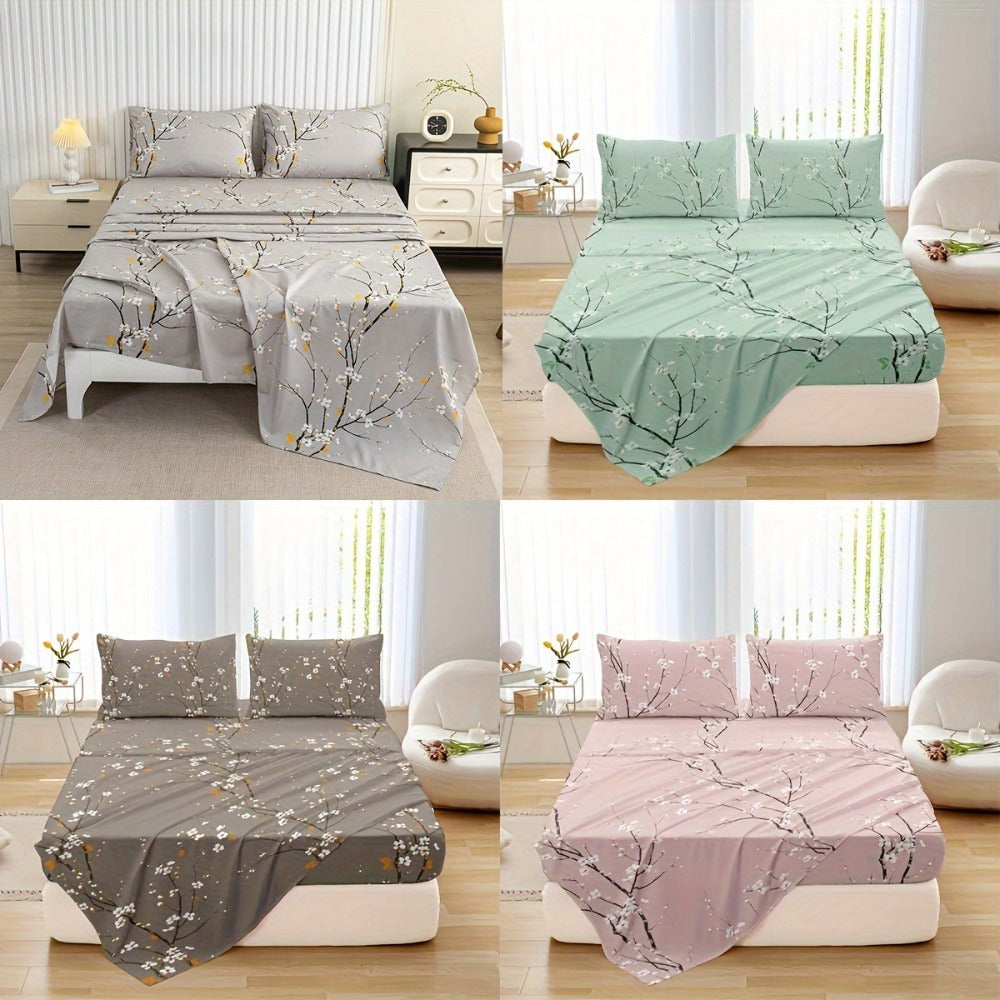 Fitted Sheet Set 4-Piece Plum Blossom Floral Print | Deep Pocket 15¡± Bed Sheets Twin Full Queen King | Soft Polyester Bedding Set with 2 Pillowcases, All-Season Machine Washable